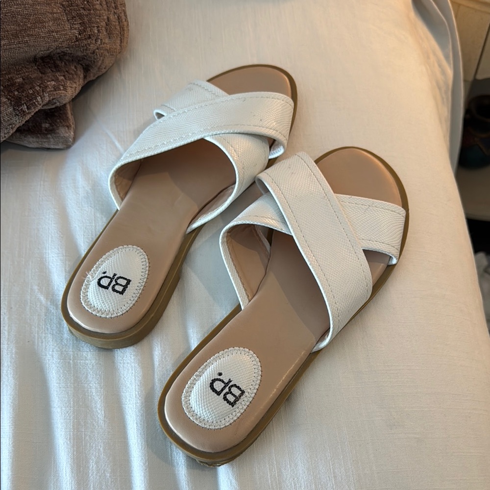 bp White and Tan Slide Sandals
